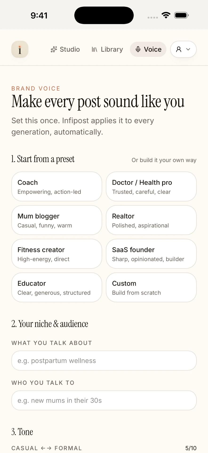 Infipost Brand Voice screen